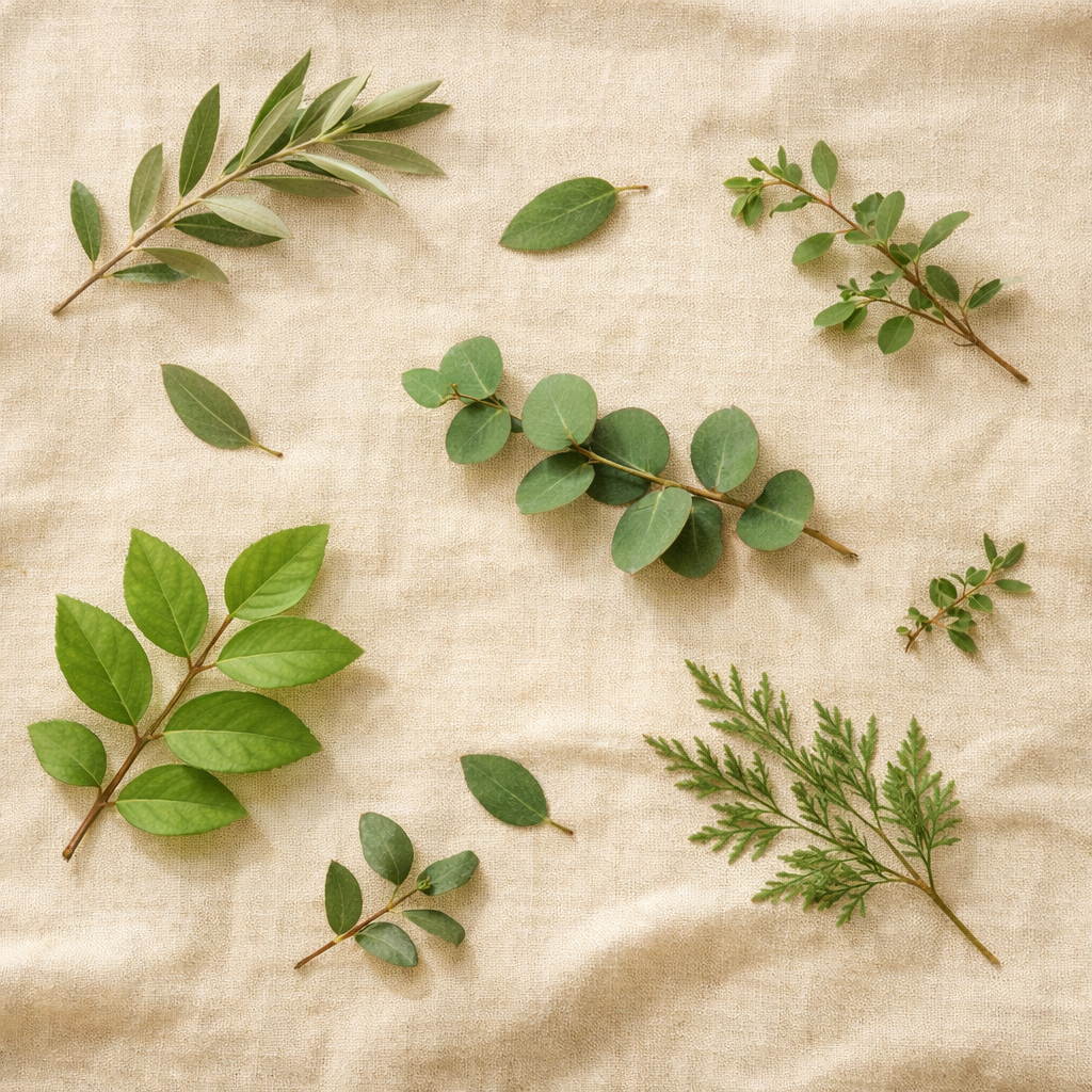 Green leaves resting on natural linen fabric, evoking calm and organic beauty