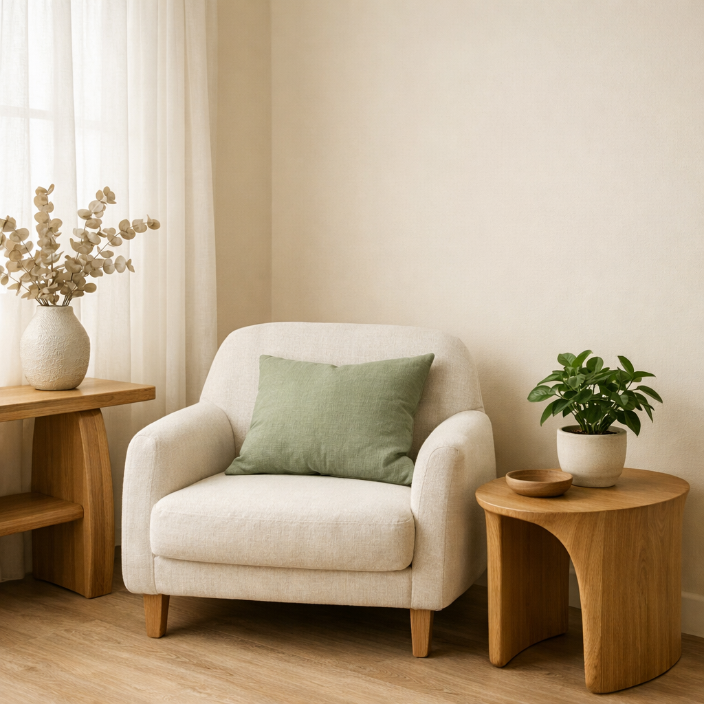 Minimalist therapy room with natural light and warm tones